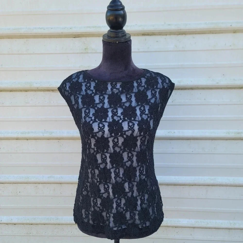 George Black Gray Lace Overlay Silver Sleeveless Shell Top Tank Blouse S (4-6)